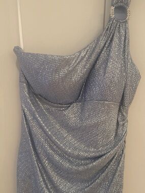 Blondie Nites Silver One-Shoulder Metallic Dress with Jeweled Ring Detail